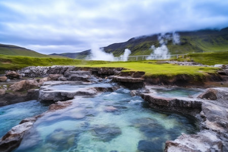 steaming hot springs located in a volcanic area with black rocks, created with generative aiの素材
