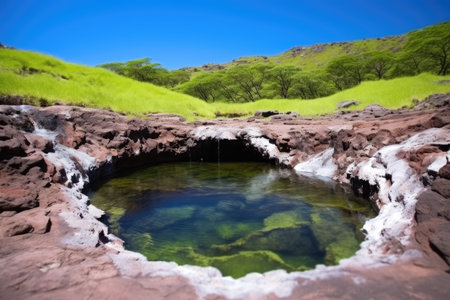 a bubbling hot spring in an untouched wilderness, created with generative aiの素材