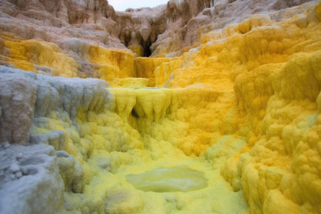 yellow sulfur deposits surrounding a hot spring, created with generative aiの素材