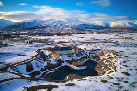 aerial view of a geothermal hot spring surrounded by snowy mountains, created with generative aiの素材