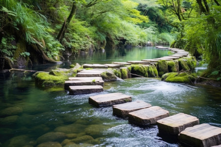 wooden stepping stones leading to a hot spring, created with generative aiの素材