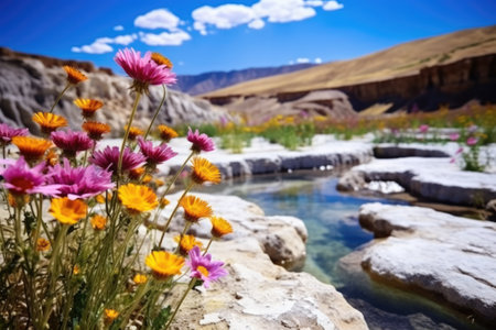 wild flowers blooming near a vibrant hot spring, created with generative aiの素材