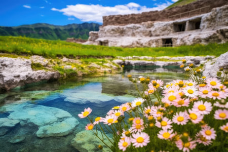 wild flowers blooming near a vibrant hot spring, created with generative aiの素材