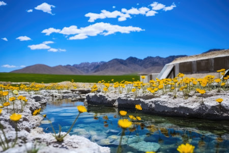 wild flowers blooming near a vibrant hot spring, created with generative aiの素材