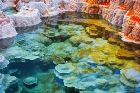 close-up of minerals and sediment in a clear hot spring, created with generative aiの素材