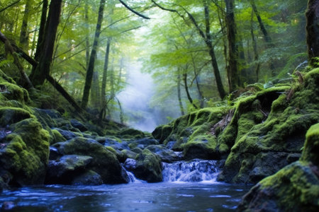 a steaming hot spring in a dense forest, created with generative aiの素材