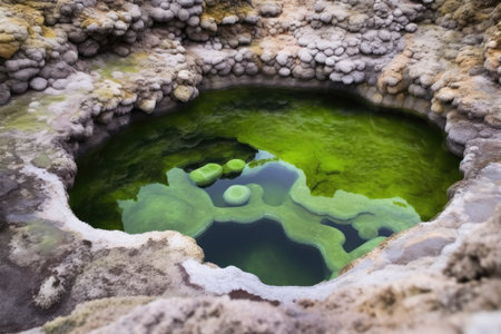 a hot spring surrounded by algae-covered rocks, created with generative aiの素材
