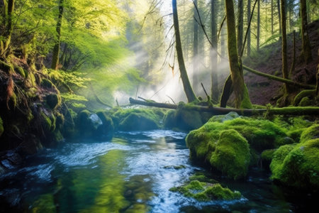 a steaming hot spring in a dense forest, created with generative aiの素材
