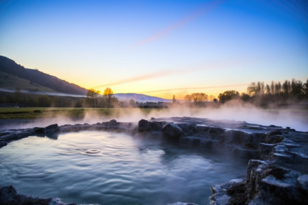 dawn over a hot spring with foggy atmosphere, created with generative aiの素材