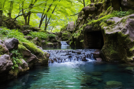 a hot spring flowing down as a small waterfall, created with generative aiの素材