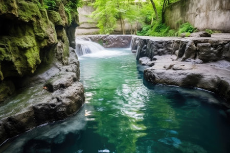 a hot spring flowing down as a small waterfall, created with generative aiの素材