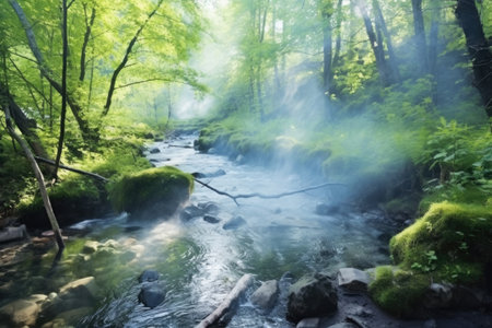 a steaming hot spring in a dense forest, created with generative aiの素材
