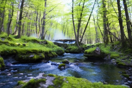 a steaming hot spring in a dense forest, created with generative aiの素材
