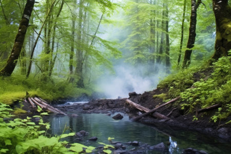 a steaming hot spring in a dense forest, created with generative aiの素材