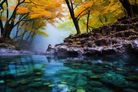a steaming hot spring with leaves floating on it, created with generative aiの素材