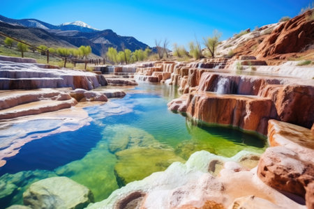 a shot of multiple hot springs with different mineral colors, created with generative aiの素材