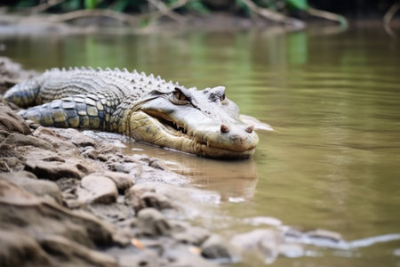 crocodile waiting submerged at a rivers edge, created with generative aiの素材