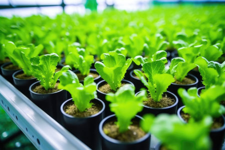 closeup of vibrant green lettuce growing in hydroponic tubes, created with generative aiの素材