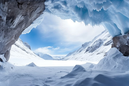 a snowy mountain landscape with an ice cave, created with generative aiの素材