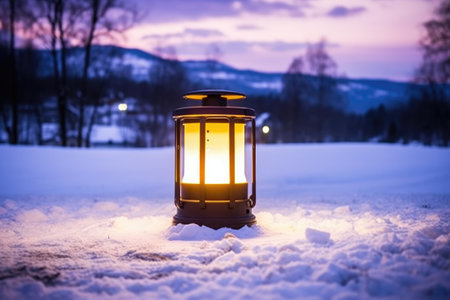 picture of a led lantern glowing against the white snow during twilight, created with generative aiの素材