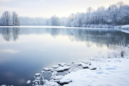 image of untouched snow on a frozen lake, created with generative aiの素材