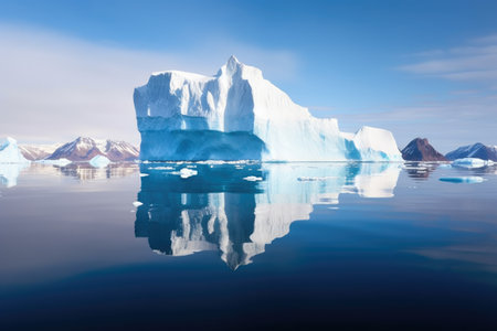 large iceberg reflected on a mirror-like water surface, created with generative aiの素材