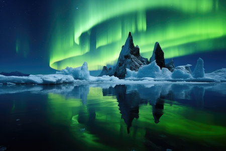 iceberg landscape, set against a backdrop of northern lights, created with generative aiの素材