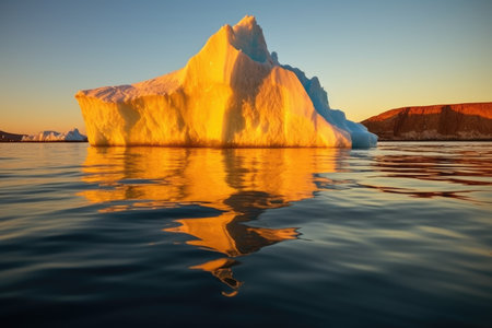 iceberg in sea during golden hour, playing with light reflections, created with generative aiの素材