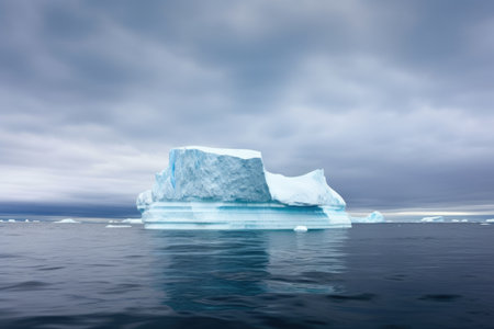 large iceberg floating in open sea under a precipitating sky, created with generative aiの素材