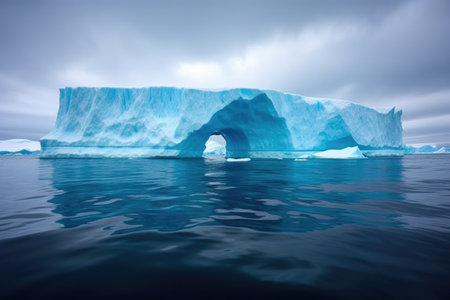 a split iceberg revealing an inner blue hue, surrounded by icy sea, created with generative aiの素材