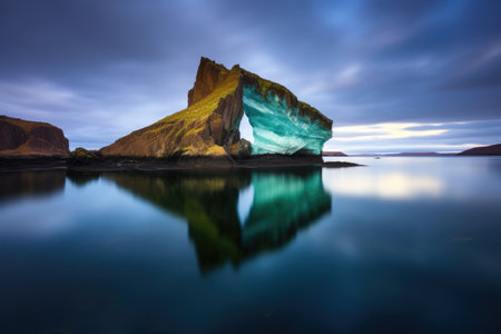 curved iceberg on calm water reflecting the aurora borealis, created with generative aiの素材
