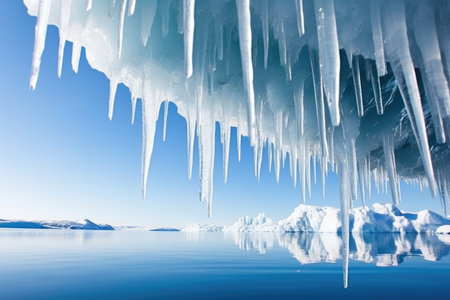 shiny icicles hanging from an iceberg edge, created with generative aiの素材
