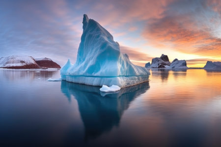 big iceberg under a striking winter sunrise, created with generative aiの素材
