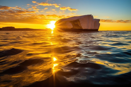 golden sunset highlighting iceberg surfaces in open ocean, created with generative aiの素材