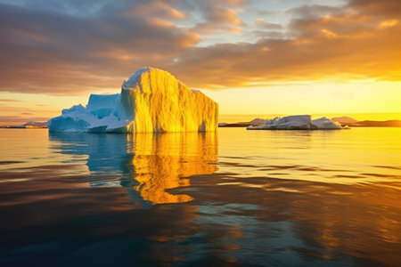 golden sunset highlighting iceberg surfaces in open ocean, created with generative aiの素材