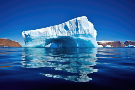 iceberg floating on teal seawater under blue sky, created with generative ai