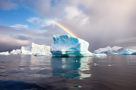 rainbow arching over an iceberg in the sea, created with generative aiの素材