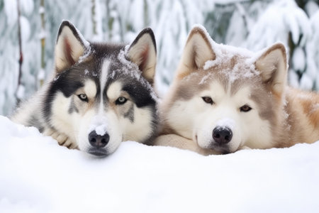 husky dogs resting in the snow, created with generative aiの素材
