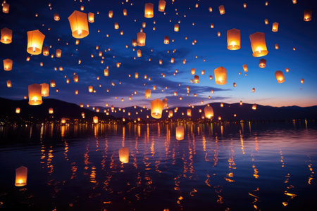 group of bright floating lanterns against night sky, created with generative aiの素材