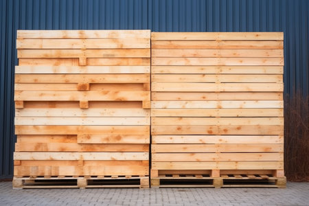 stack of wooden pallets against warehouse wall, created with generative aiの素材