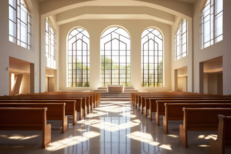 a sleek synagogue with large geometric windows, created with generative aiの素材