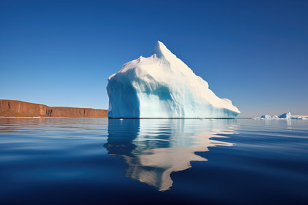a single, sharp-peaked iceberg under clear blue sky, created with generative aiの素材