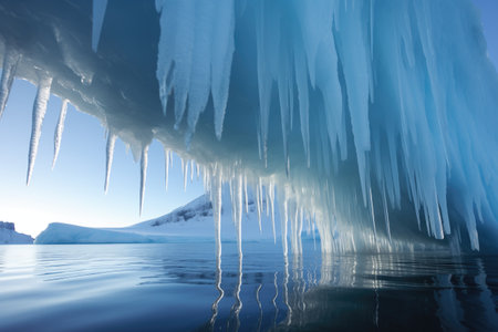 shiny icicles hanging from an iceberg edge, created with generative aiの素材