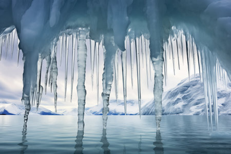 shiny icicles hanging from an iceberg edge, created with generative aiの素材