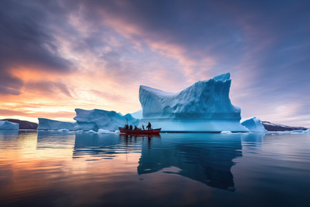 small boat approaching large iceberg, created with generative aiの素材