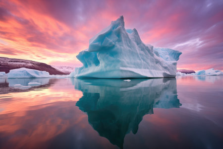 dusk sky casting colours on iceberg surface, created with generative aiの素材