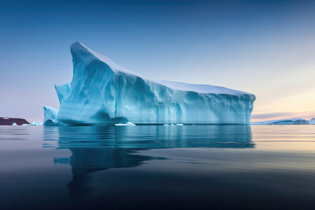 long elongated iceberg floating along the oceans surface at dusk, created with generative aiの素材