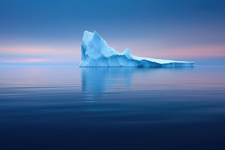 long elongated iceberg floating along the oceans surface at dusk, created with generative aiの素材