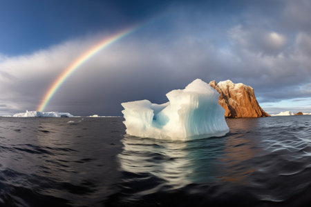 rainbow appearing over ocean with an iceberg in the foreground, created with generative aiの素材