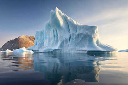 side-view of a glistening iceberg in sunlight, created with generative aiの素材